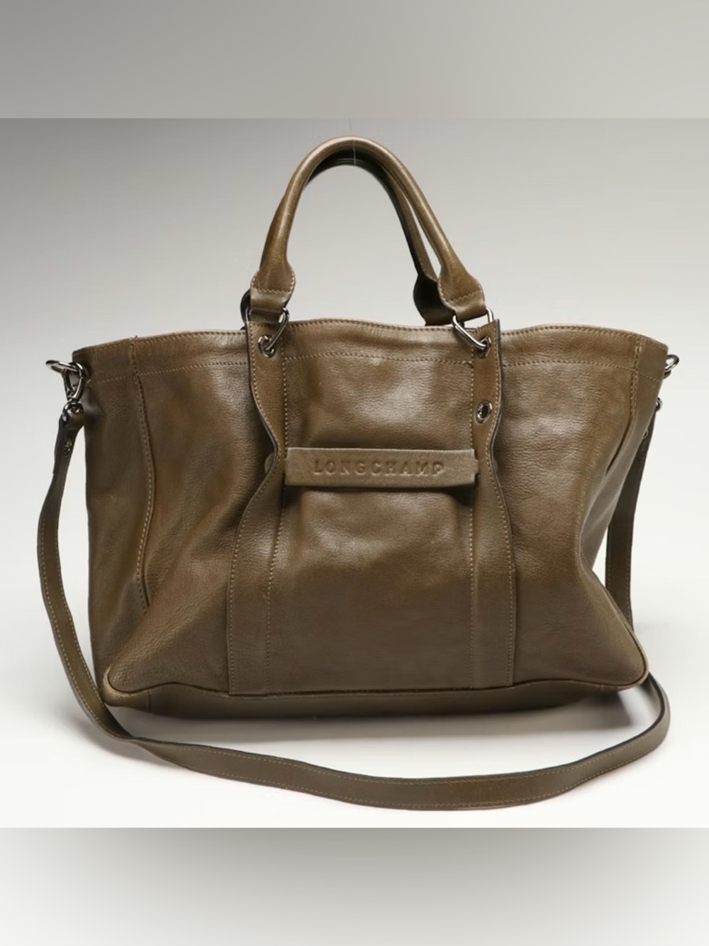 Longchamp Large 3D Crossbody Tote in Khaki Leather with Top Handles